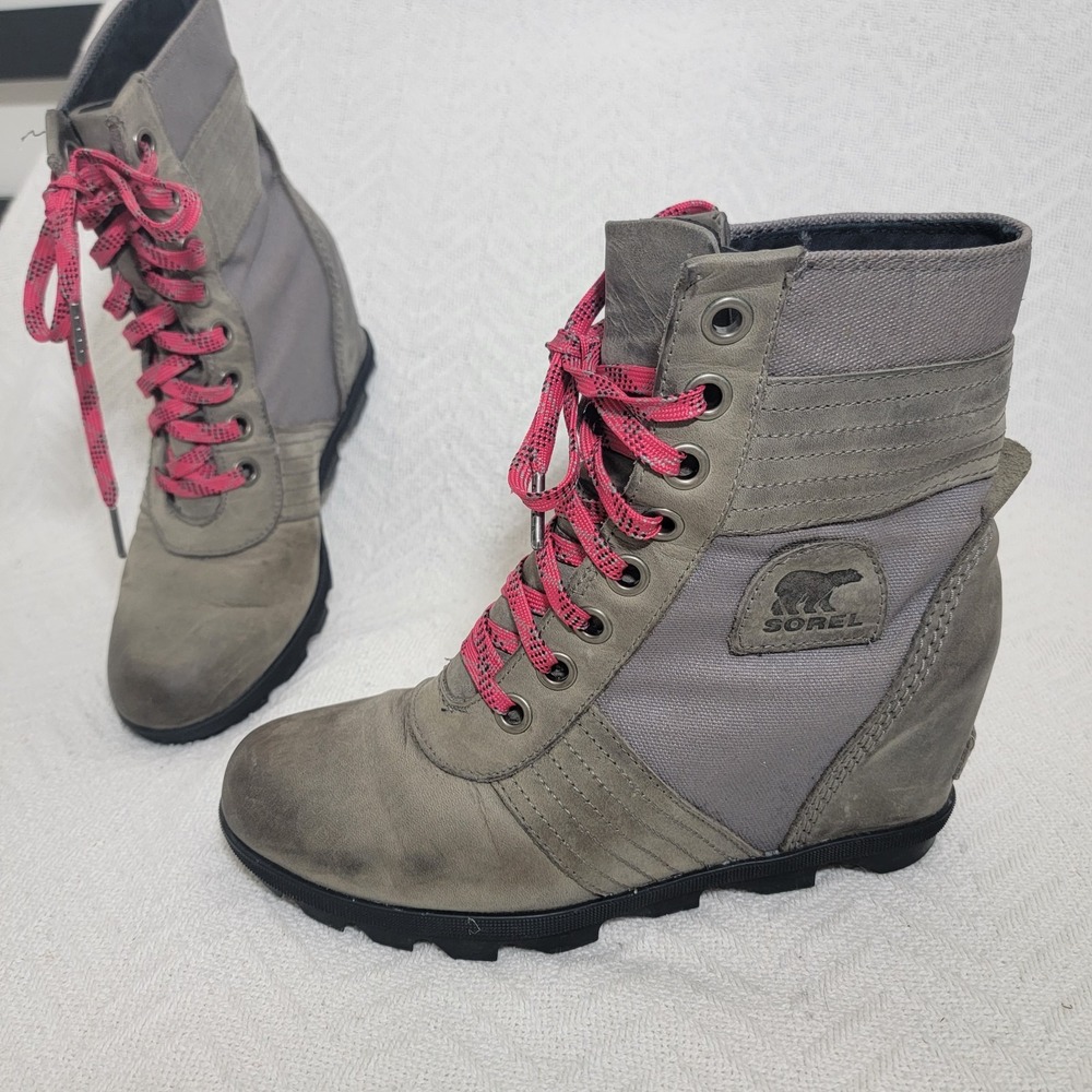 Sorel Lexie Hidden Wedge Ankle Combat Boot Waterproof Quarry‎ Leather Size 9.5